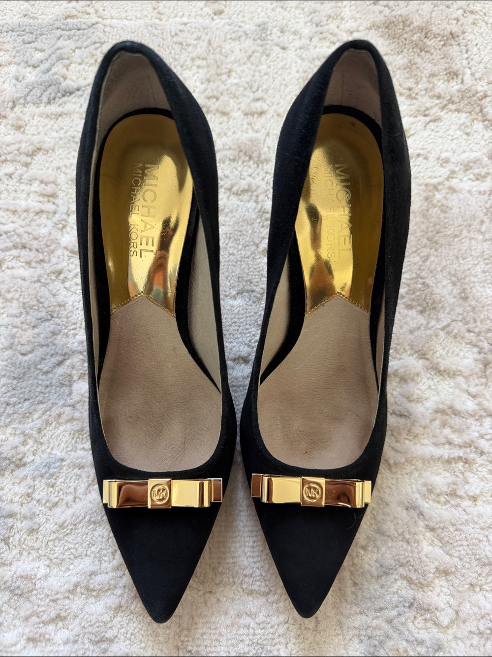 Michael Kors Black Pointed-Toe Pumps with Gold Bow Detail